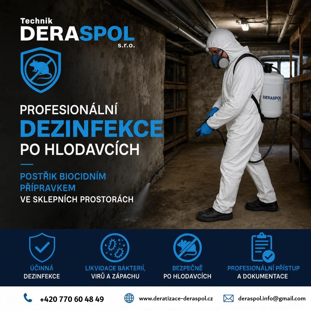 Technik DERASPOL s.r.o. v ochranném obleku provádí profesionální
                 dezinfekci po hlodavcích — postřik biocidním přípravkem
                 ve sklepních prostorách. Účinná dezinfekce, likvidace bakterií,
                 virů a zápachu, bezpečně po hlodavcích.