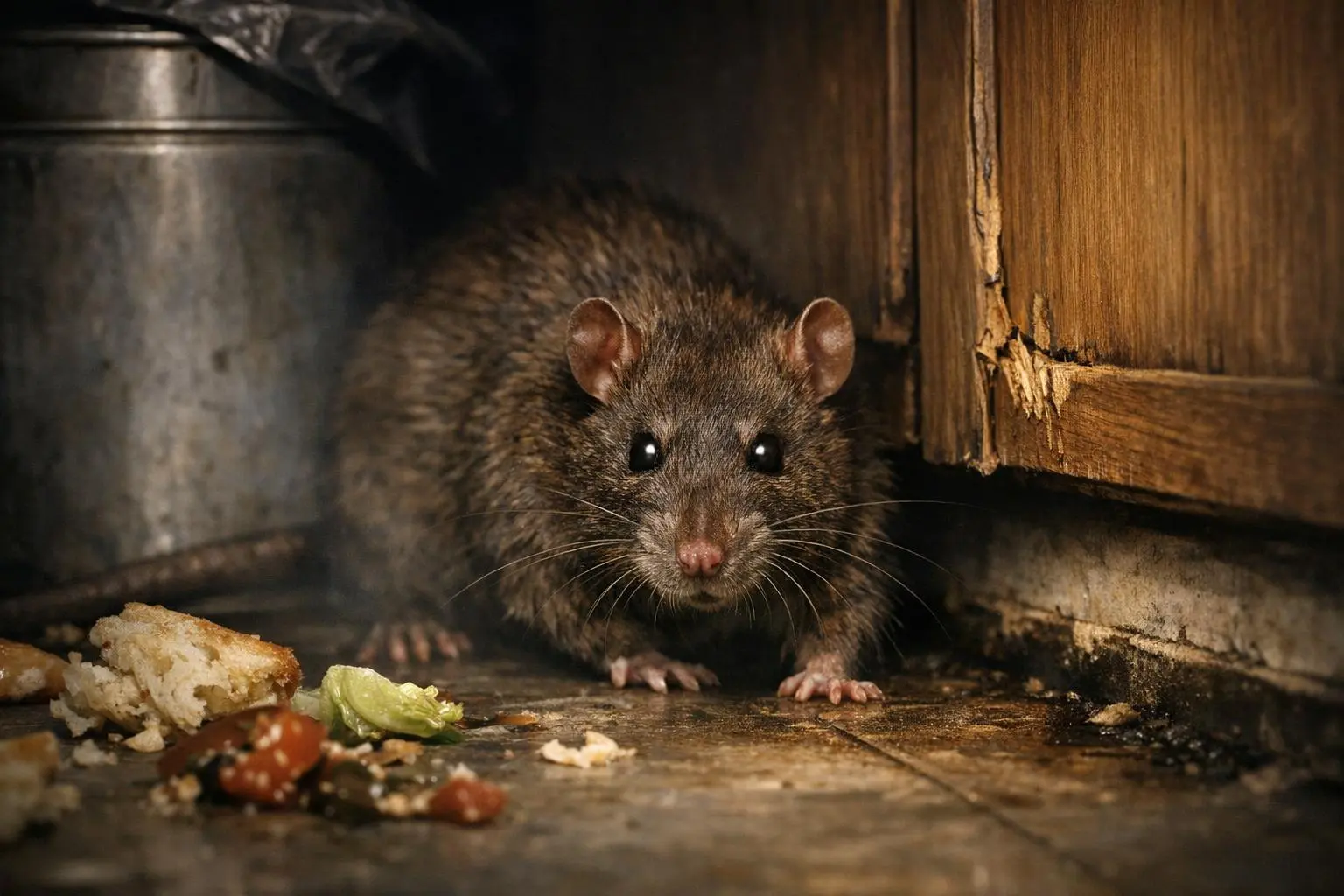 Stopy po potkanech ve sklepě — ohlodané materiály a trus jako příznaky infestace