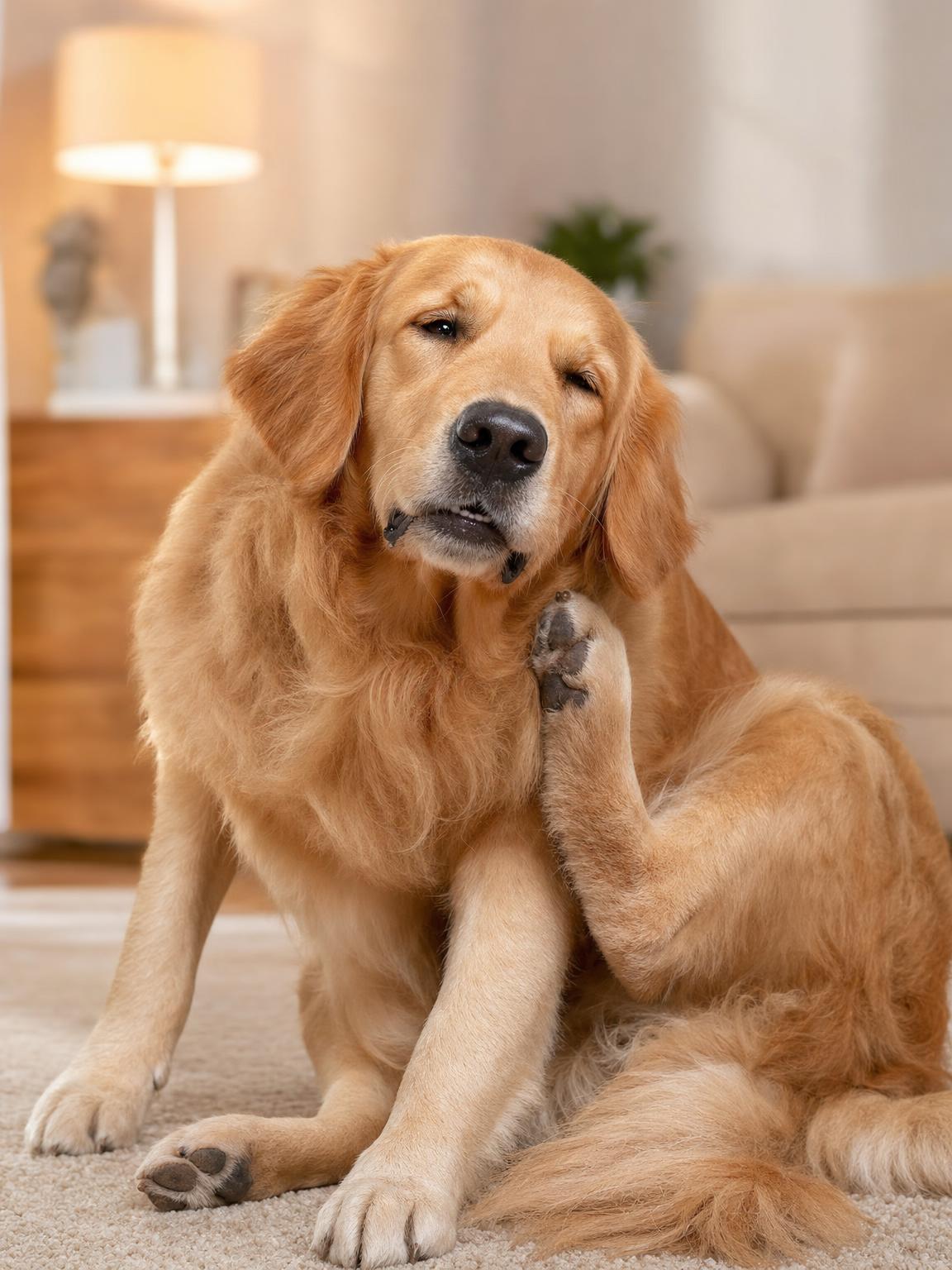 Pes se škrábe — Golden Retriever, blechy, dezinsekce blech Ostrava