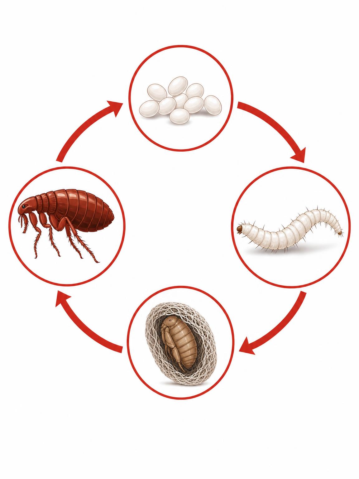 Životní cyklus blechy — infografika: vajíčko, larva, kukla, dospělec